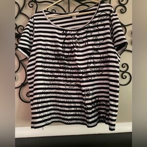 CJ Banks Black and White Striped Tee with Floral Design